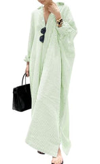 Women's Casual Long Sleeve Button Down Loose Striped Cotton Maxi Shirt Dress