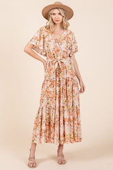 Mittoshop Floral Tie Waist Flutter Sleeve Tiered Dress