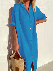 Women Elegant Casual Loose Half Sleeve Button Down Front Half Sleeve Cotton Linen Dress