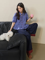 Blue Plaid Ruffle Blouse