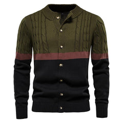 Men's Stand Collar Cotton Contrast Striped Cable Cardigan
