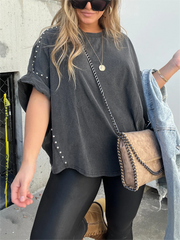 🔥Washed Roll Sleeve Studded Oversized Short Sleeve Top (Buy 2 Free Shipping)