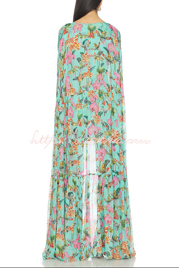 Garden Party Contrast Floral Print High Low Cape Maxi Dress