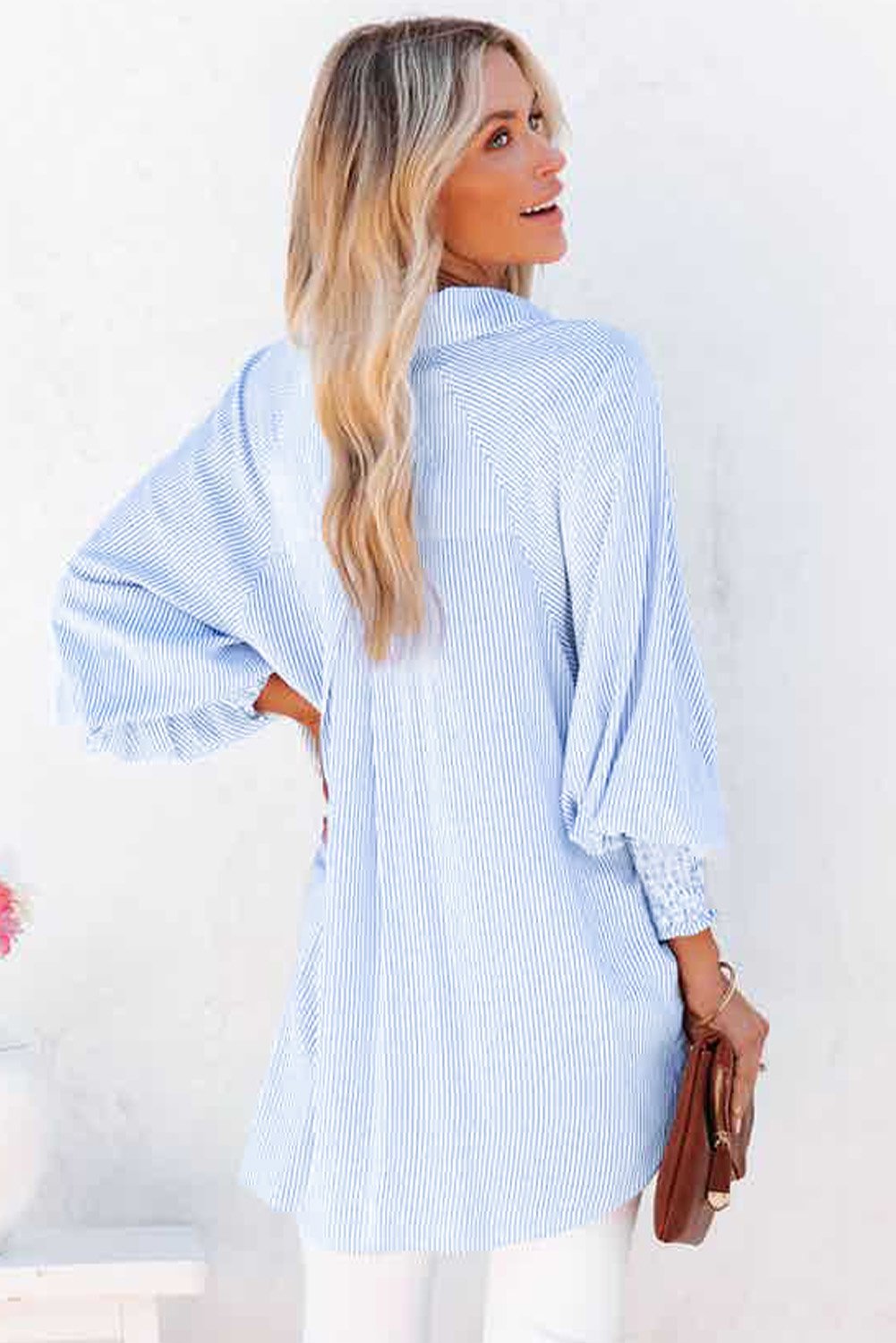 Mid-length Shirt With Striped Lapel and Oversized Drawdown Sleeves