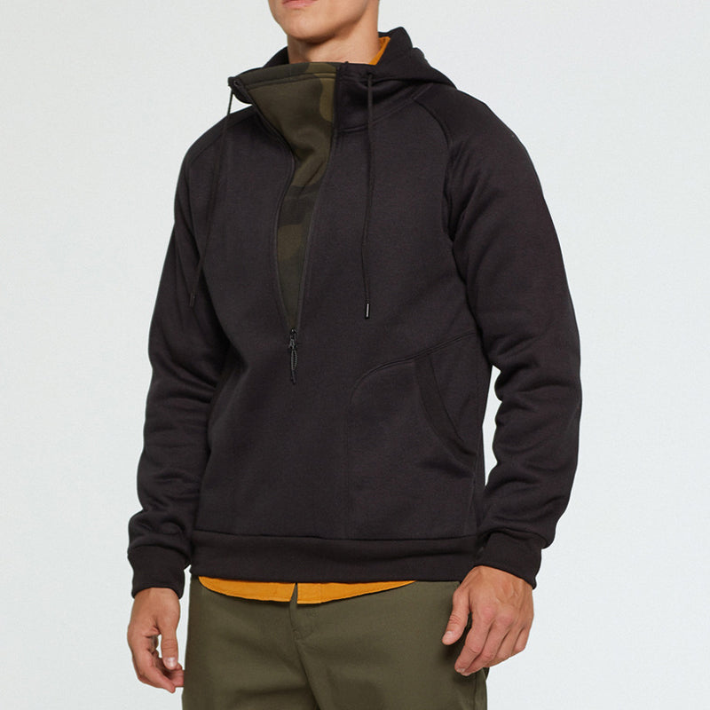 Men's Trendy Brushed V-Zip Camouflage Patchwork Pullover Hooded Sweatershirt