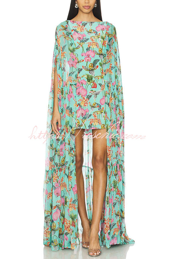 Garden Party Contrast Floral Print High Low Cape Maxi Dress