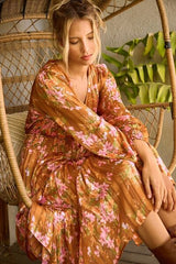 Mittoshop Flower Print Satin Lurex Stripe Smocked Midi Dress