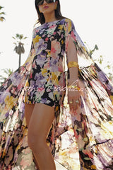 Garden Party Contrast Floral Print High Low Cape Maxi Dress