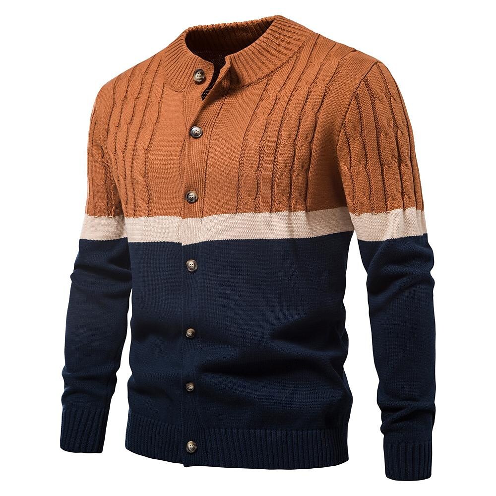 Men's Stand Collar Cotton Contrast Striped Cable Cardigan