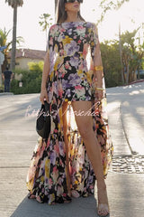 Garden Party Contrast Floral Print High Low Cape Maxi Dress