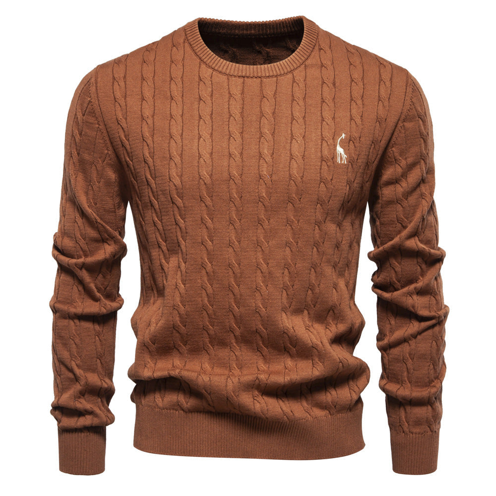 Men's Round Neck Twist Patterned Giraffe Embroidery Sweater