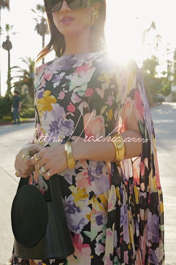 Garden Party Contrast Floral Print High Low Cape Maxi Dress