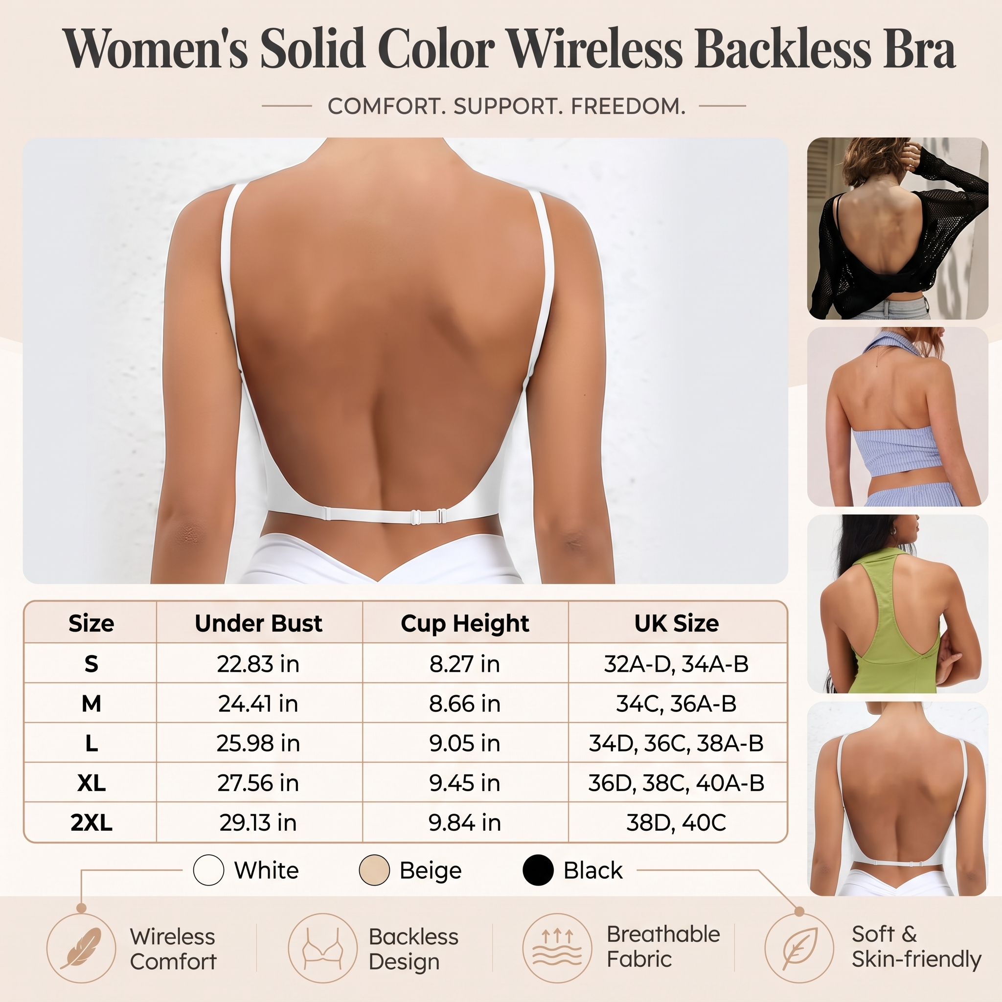 Women’s Solid Color Wireless Backless Bra