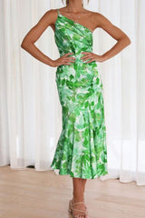 Ruched Printed Single Shoulder Midi Dress