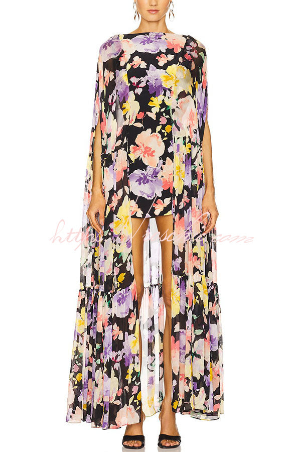 Garden Party Contrast Floral Print High Low Cape Maxi Dress