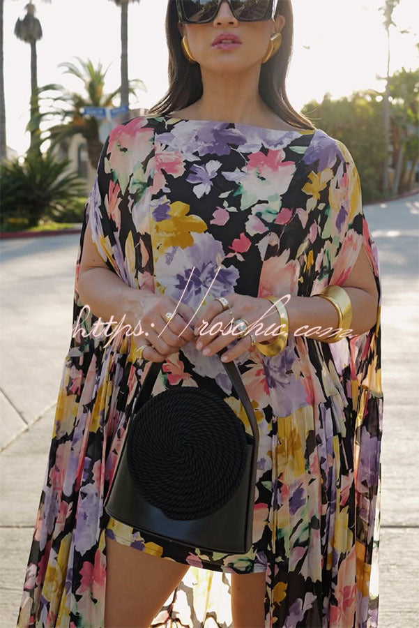 Garden Party Contrast Floral Print High Low Cape Maxi Dress