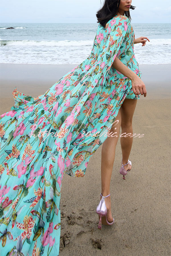 Garden Party Contrast Floral Print High Low Cape Maxi Dress