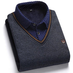 Men's Fleece Patchwork Fake Two Piece Knit Sweater