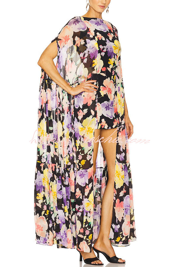 Garden Party Contrast Floral Print High Low Cape Maxi Dress