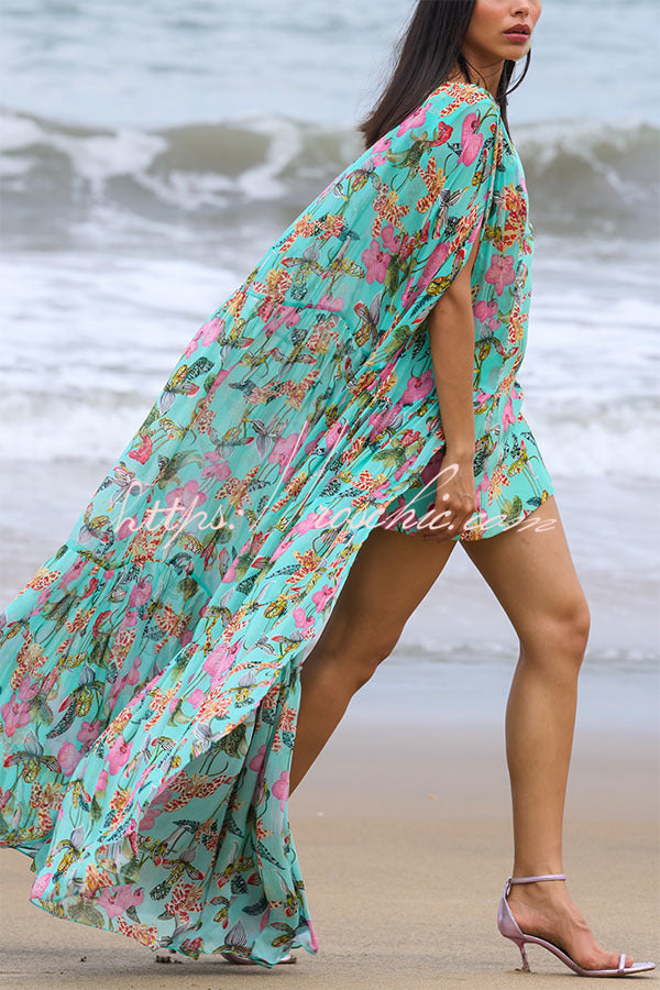Garden Party Contrast Floral Print High Low Cape Maxi Dress