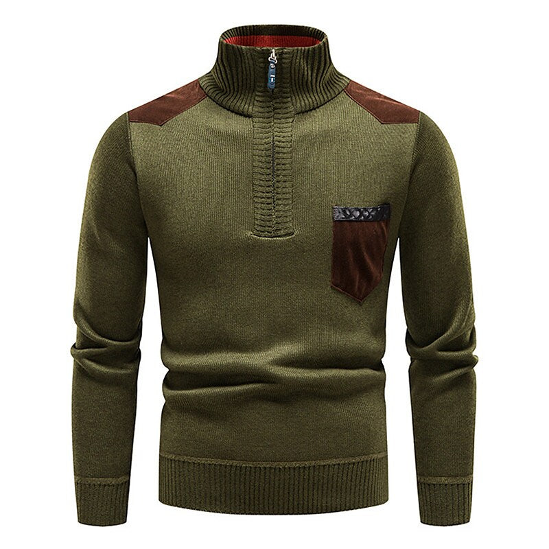 Men's Stand Collar Color Block Half Zip Fleece Pullover Sweater