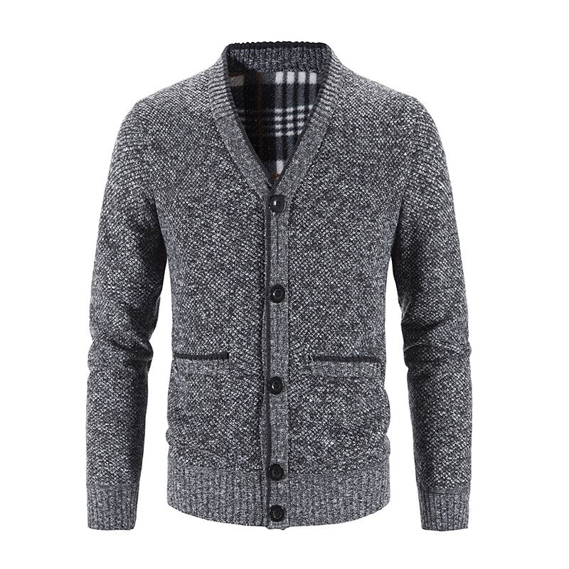 Men's Knitted V-Neck Button Down Cardigan Sweater With Flannel Lining And Pockets