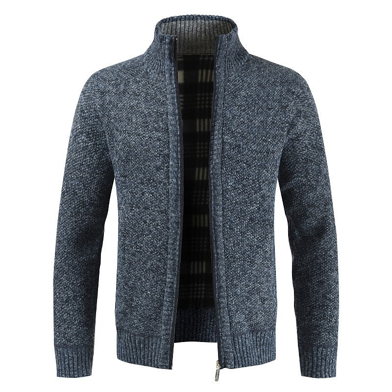 Men's Solid Color Stand Collar Zip Cardigan